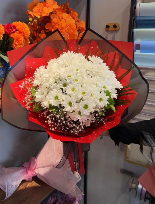 Büyük boy beyaz papatya buketi, kırmızı ambalajda, Floral Garden Sakarya