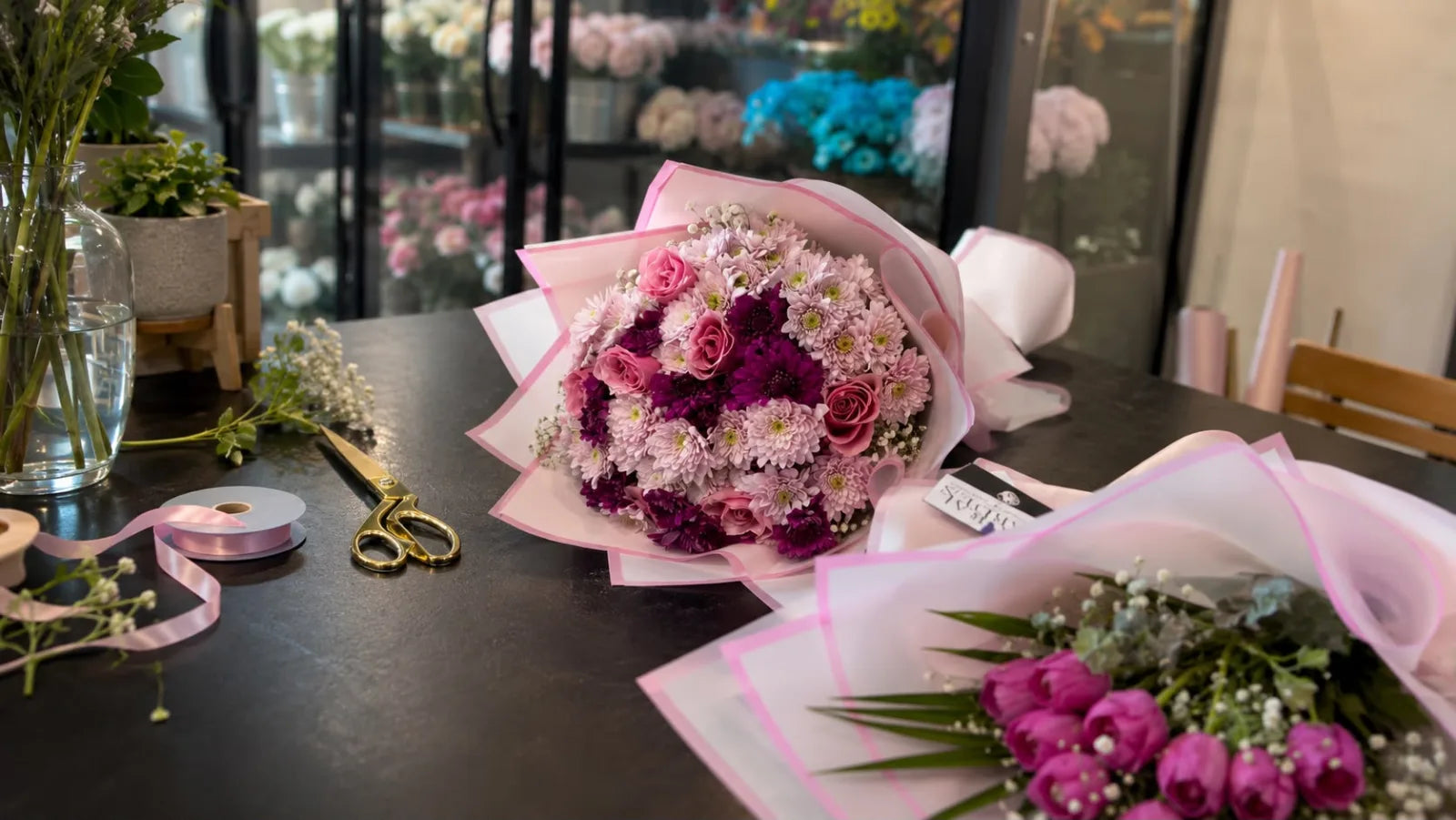 Floral Garden atölyesinde hazırlanan pembe buket, yanında makas ve kurdele